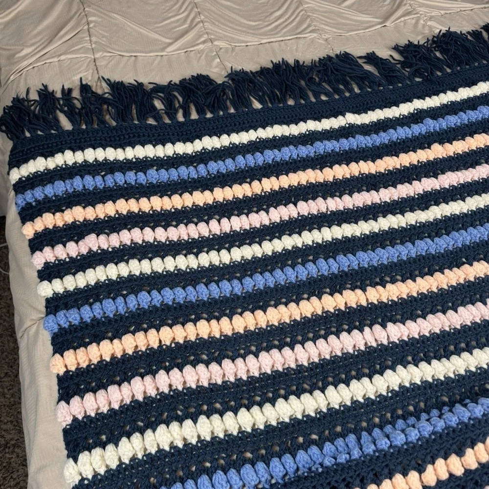 Vtg Colorful Fringe Bobble Crochet Knit Heavy Blanket Afghan 76